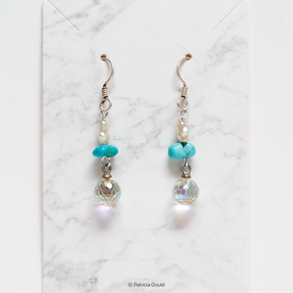 Ea 51 - Handmade Beaded Earrings - Turquoise, Pearls, Crystal - One Of A Kind